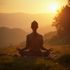 Person meditating outdoors at sunset, mountains in background, peaceful, golden light.