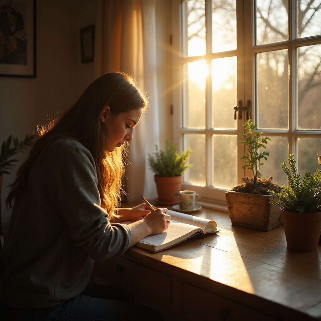 Woman writing at a desk bathed in sunlight from a window, plants in the windowsill.