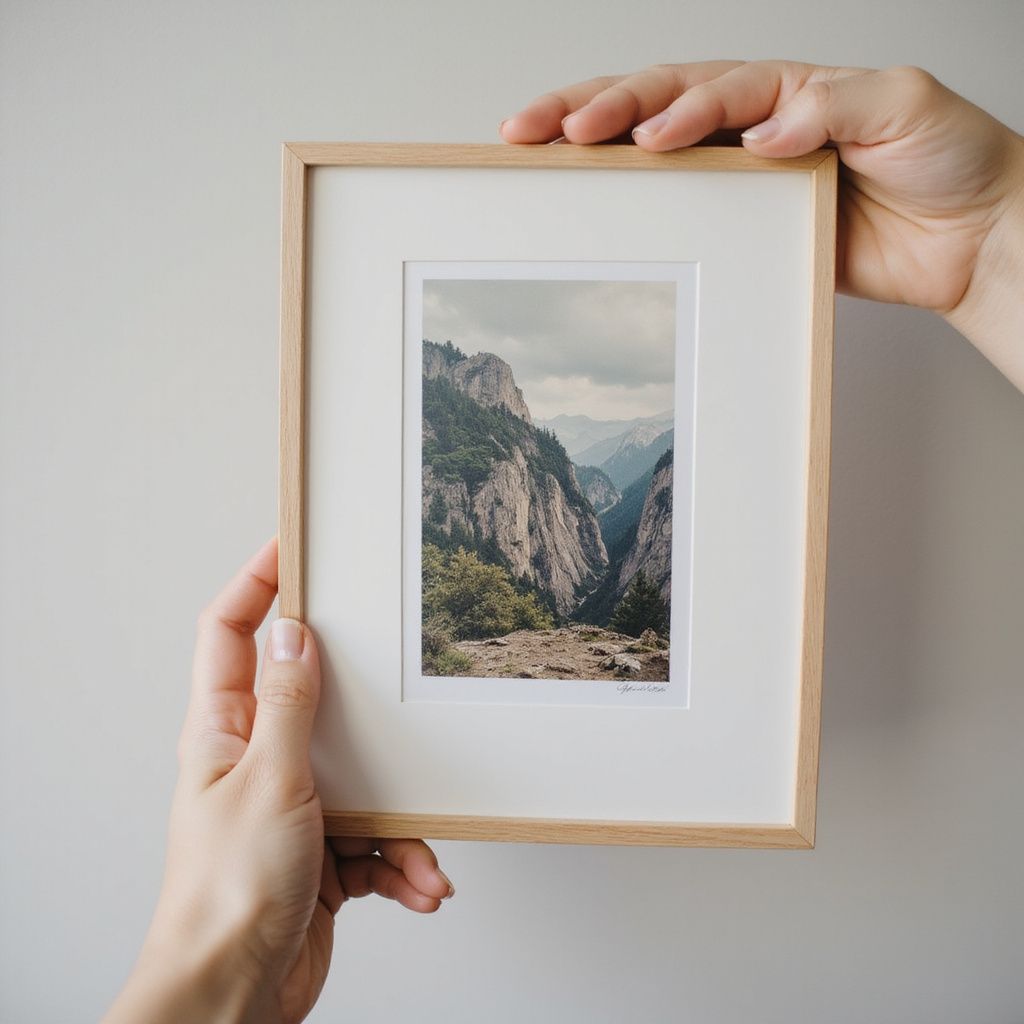 Hands holding a framed print of a mountain landscape with a cloudy sky.
