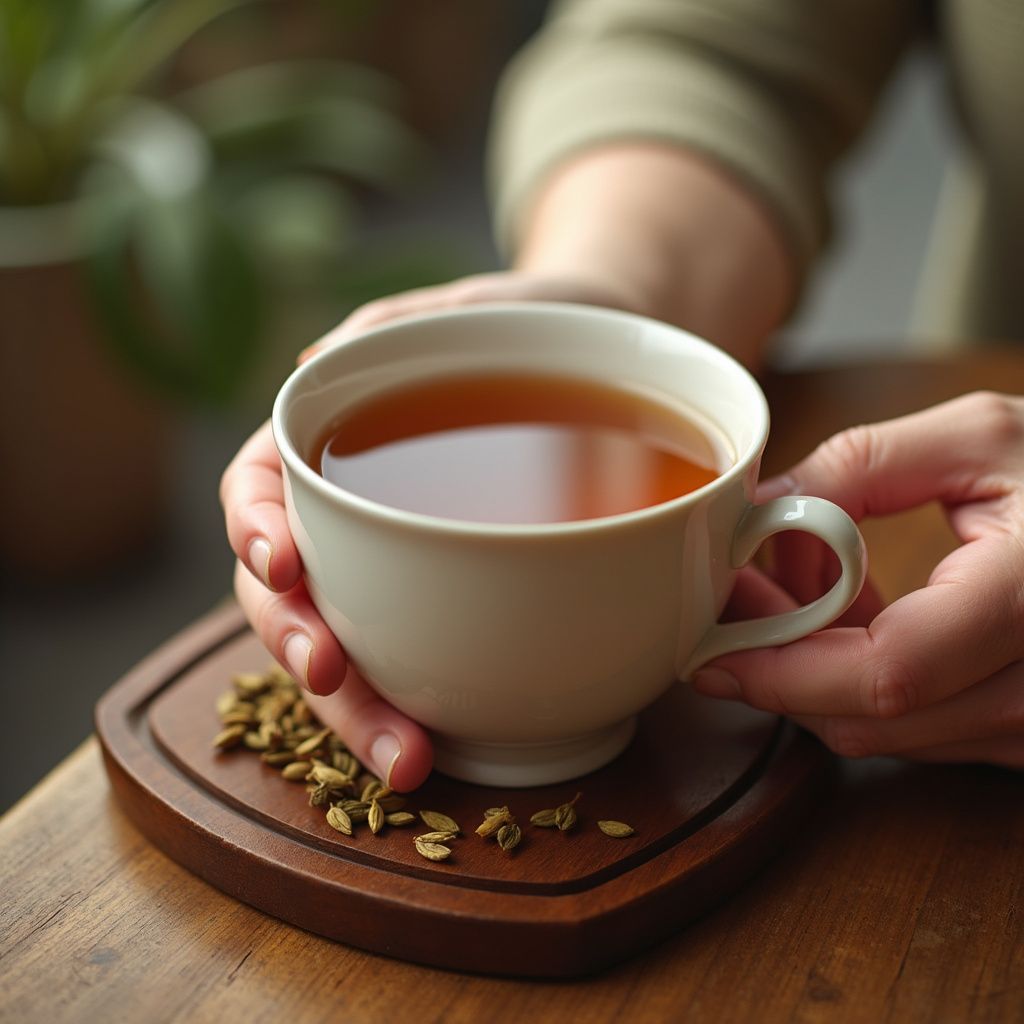 Person holding a white teacup with brown liquid, on a wooden coaster with cardamom pods.
