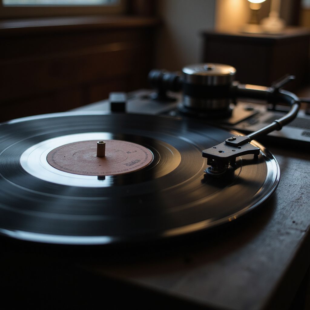 Close-up of a vintage record player with a vinyl record spinning on a wooden surface.