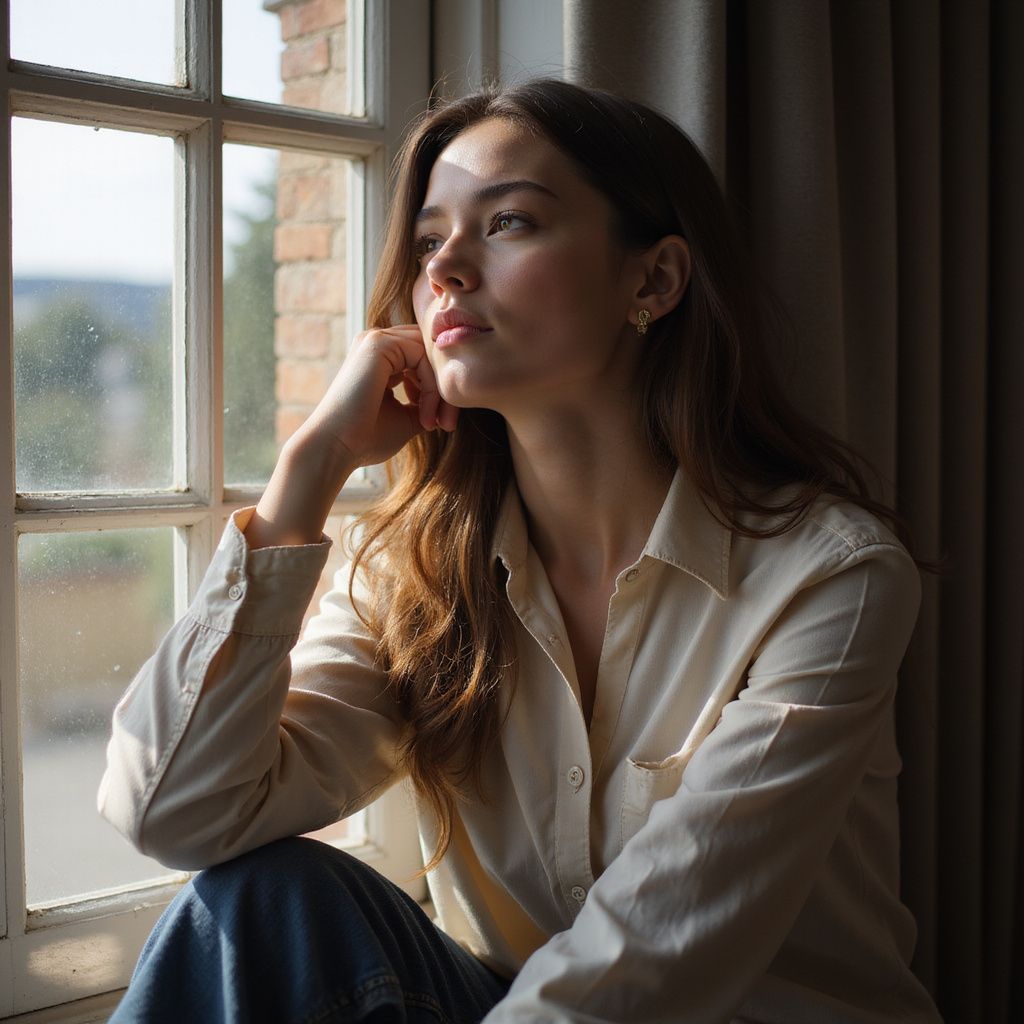 Woman gazing out window, lit by sunlight. Leaning on her hand, wearing a button-down shirt and jeans.