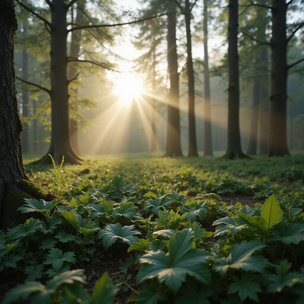 Sunlight streams through trees in a forest, illuminating the ground covered in green plants.