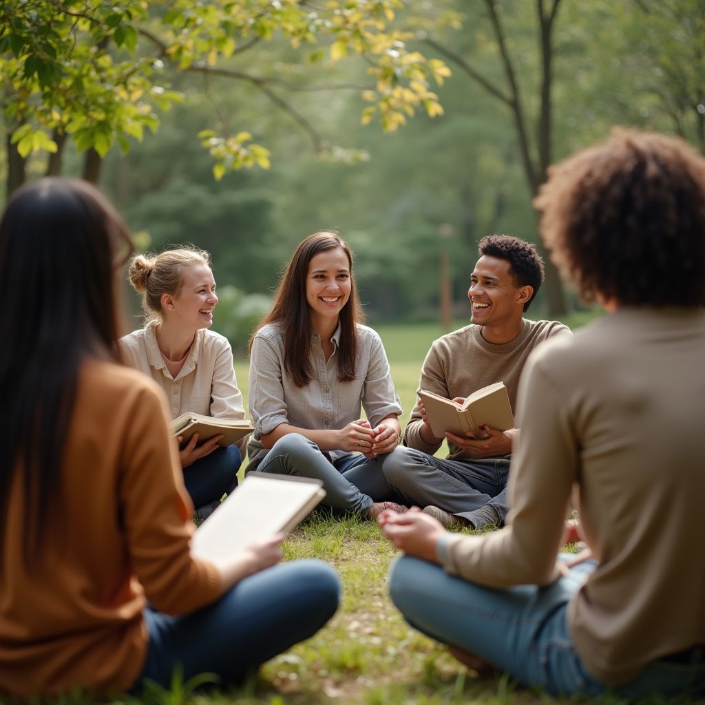 Group of people sitting in a circle, reading books outdoors, smiling in a park.
