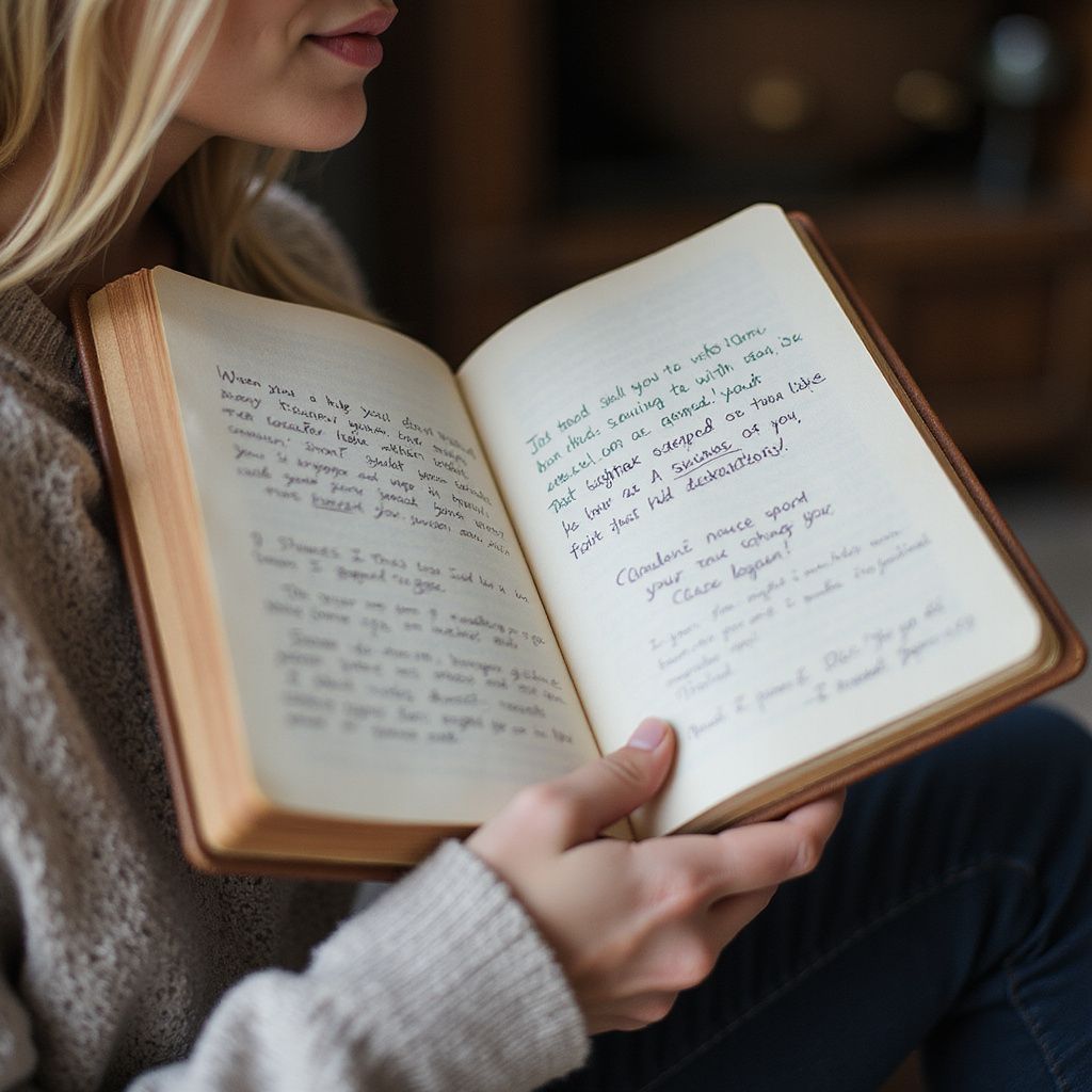 Woman holding open book, reading handwritten text. Brown leather cover, beige pages.