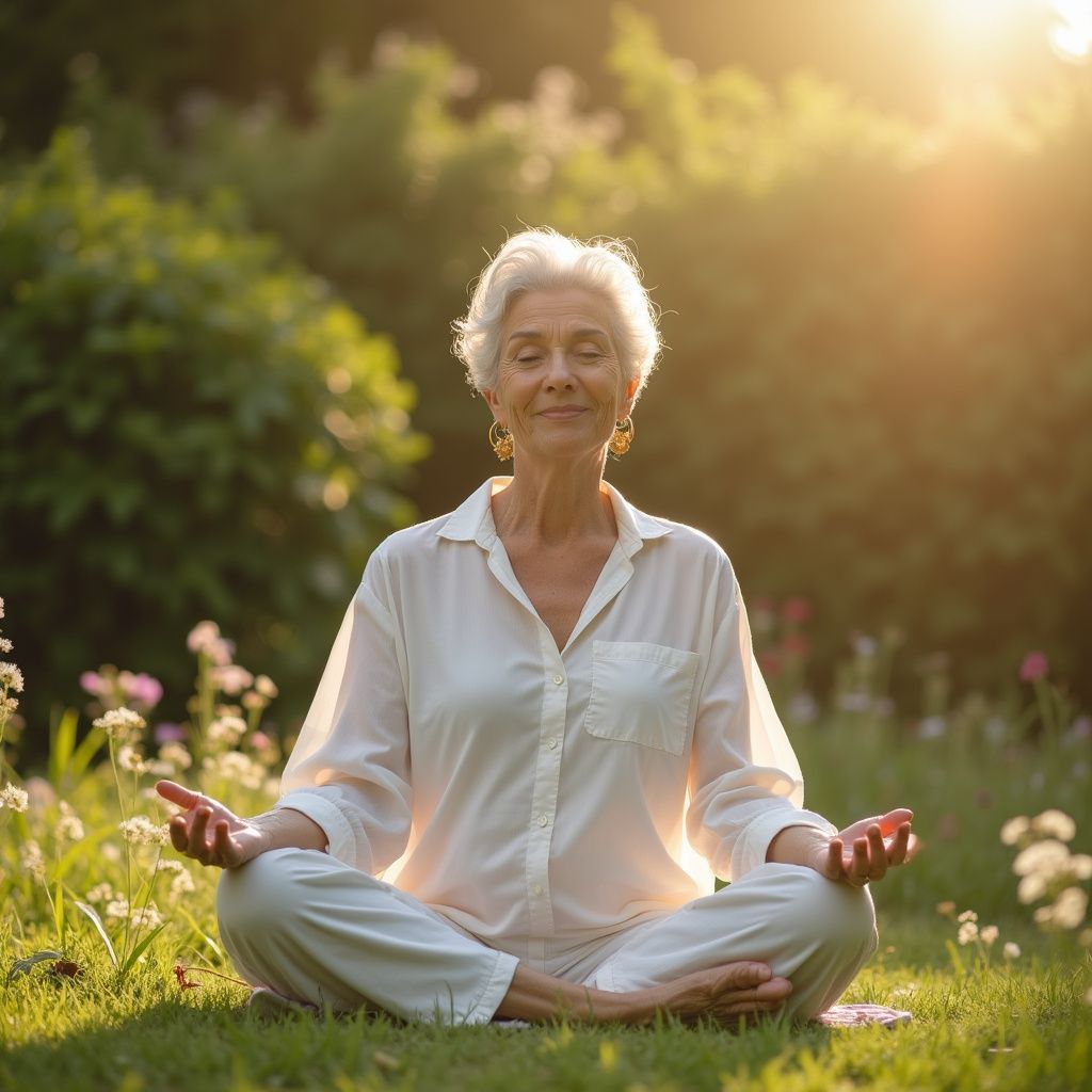 Woman meditating in a sunny garden, eyes closed, hands in a mudra position.