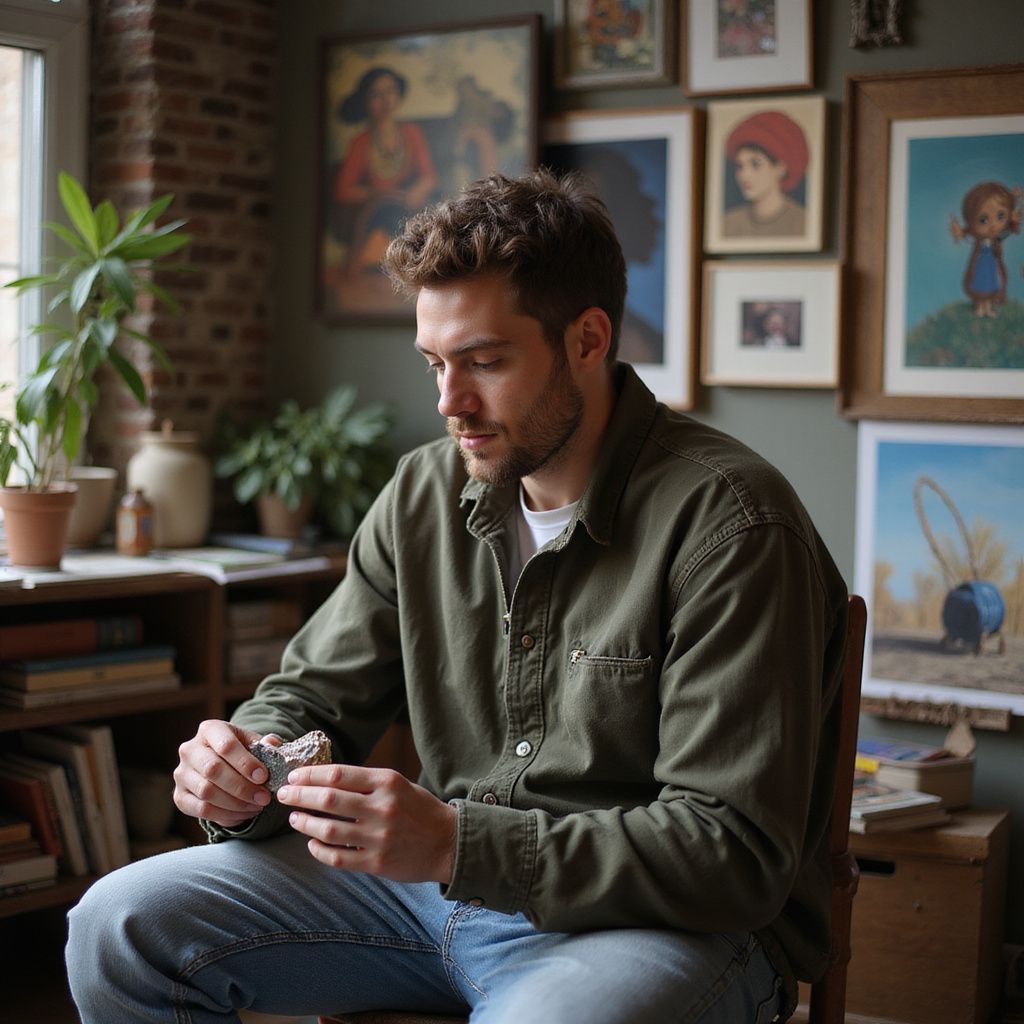 Man seated, examining object. Olive shirt, blue jeans, room with art, brick wall, plants.
