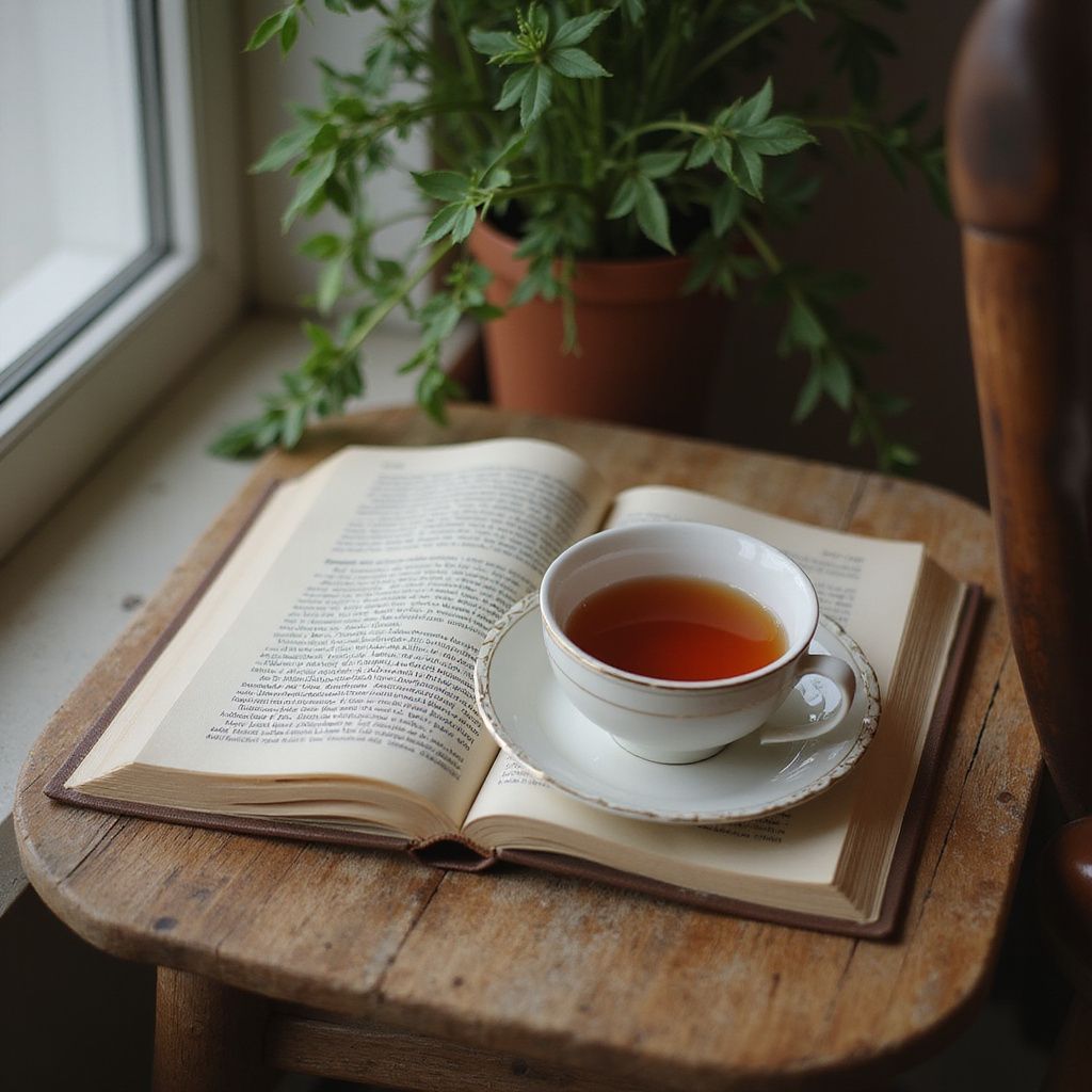 Open book and teacup on a wooden stool near a window with a potted plant.