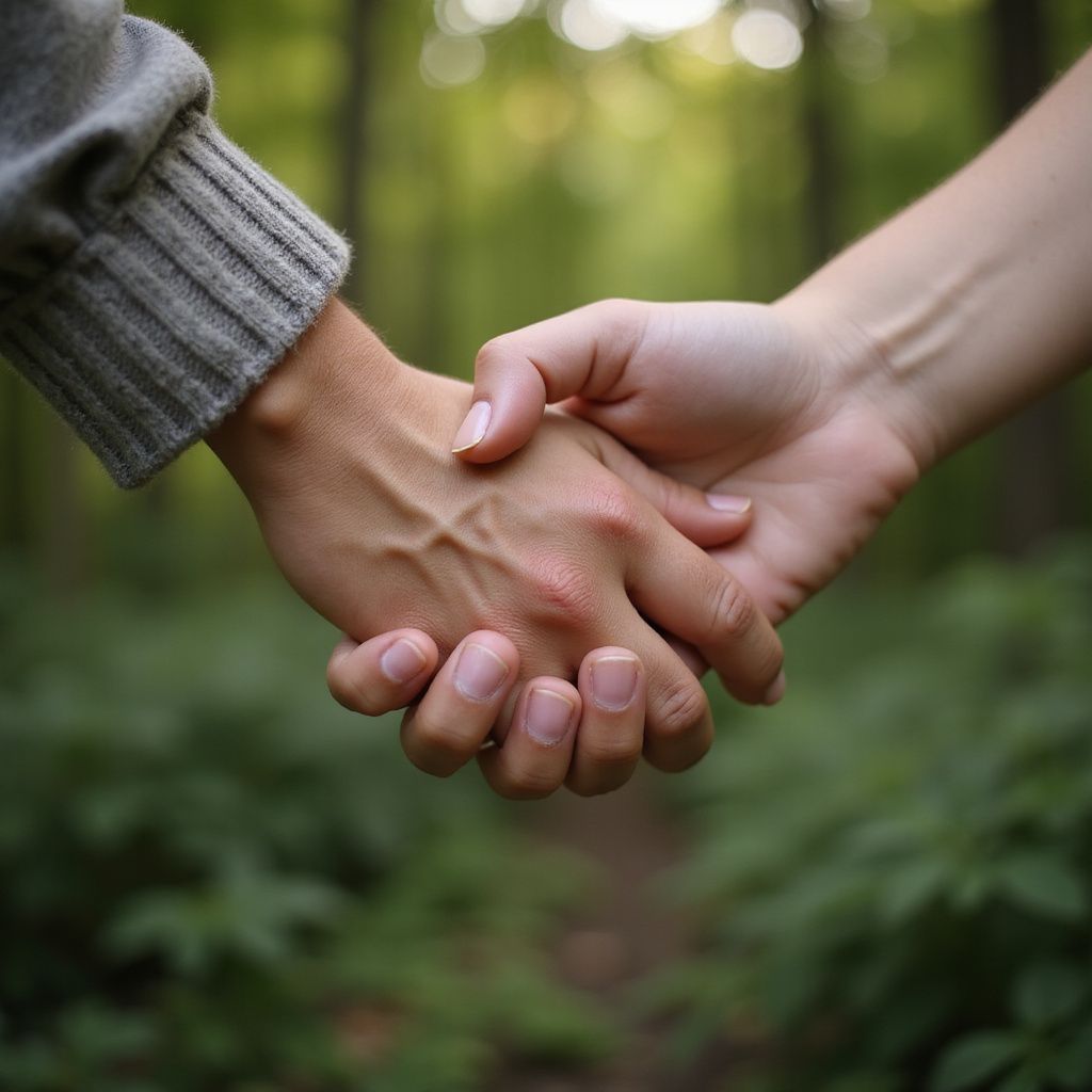 Two hands holding each other tightly, set in a blurred forest environment. One hand is in a sweater.
