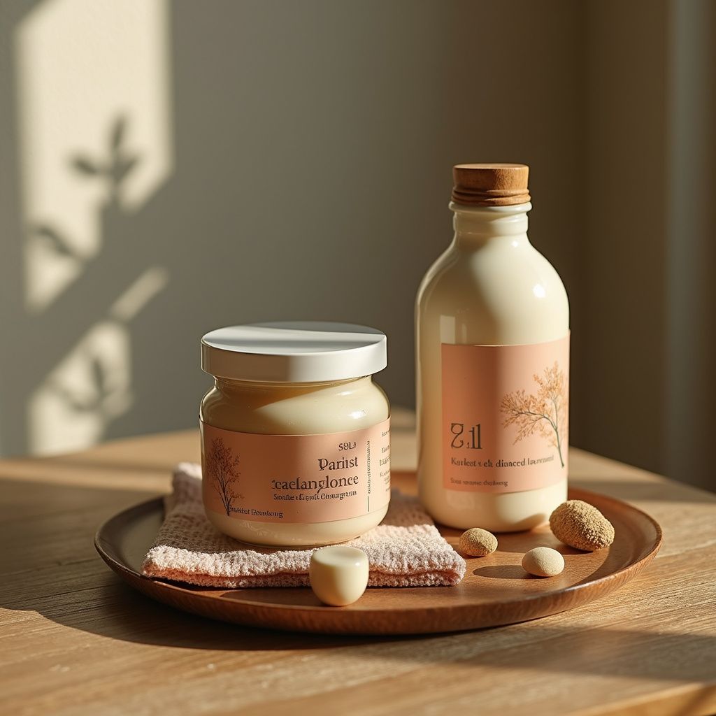 Jar and bottle of skincare products on a wooden tray with a small towel and nuts. Sunlight shines in.