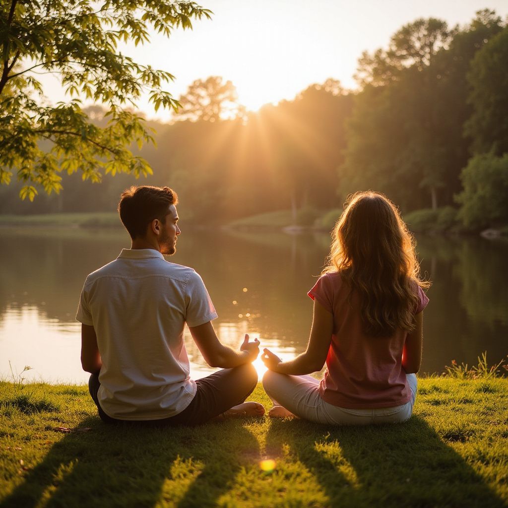 Two people meditate by a lake at sunset.