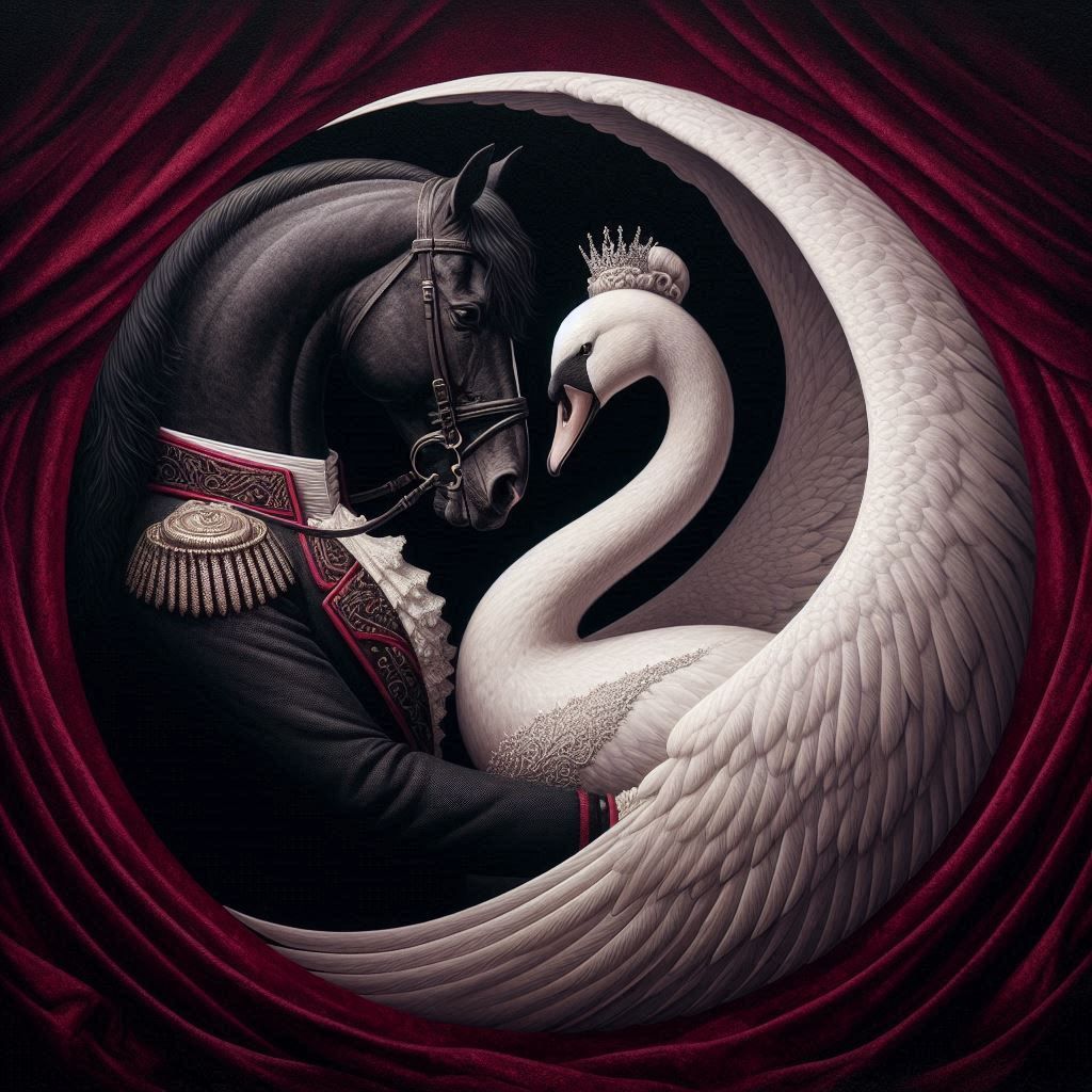 A black horse and white swan embrace in a circle. They wear ornate clothing. Red curtains frame the scene.