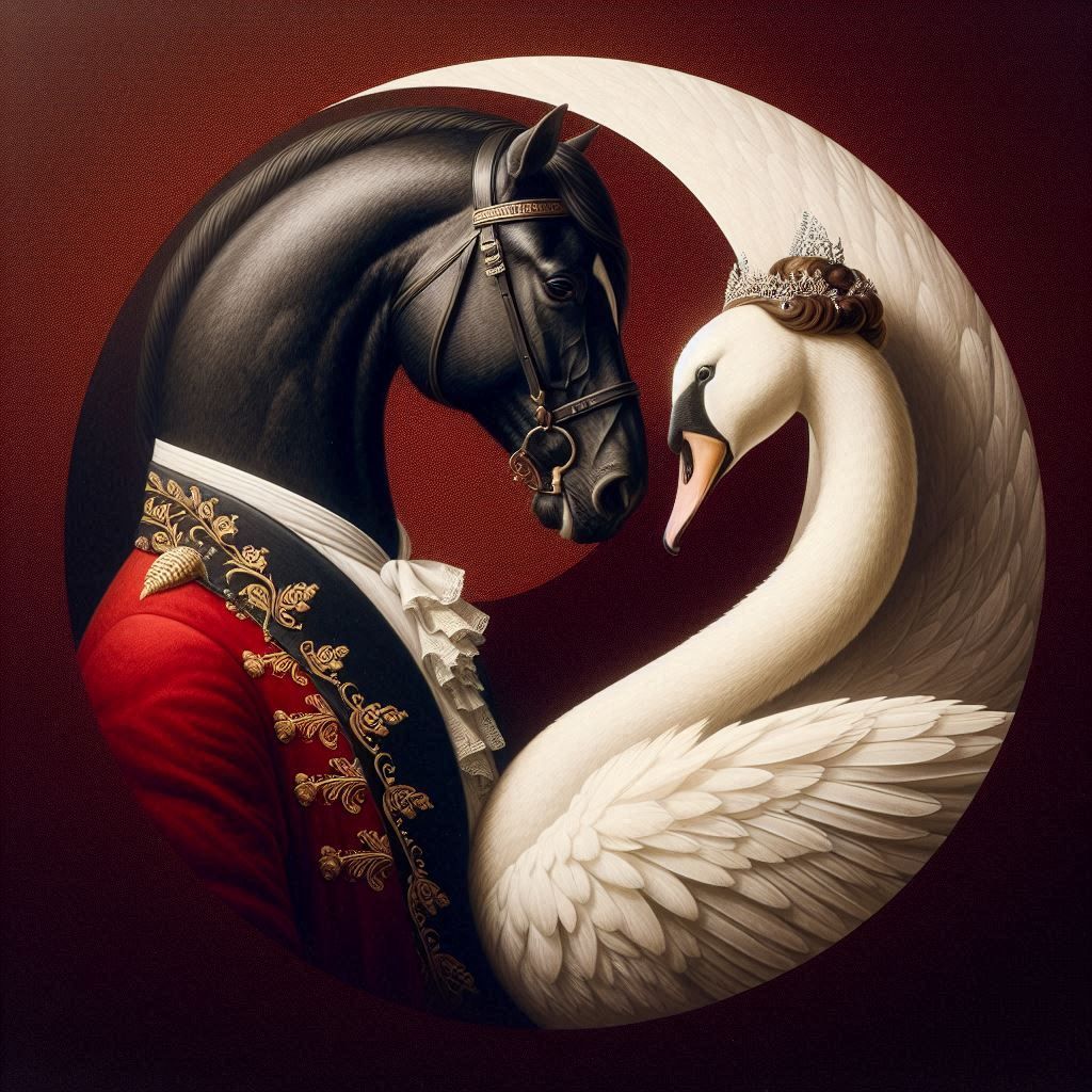 Black horse and white swan in a yin-yang design, wearing a jacket and crown, set against a red background.