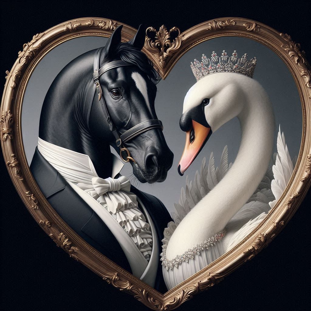 Black horse and white swan in a golden heart-shaped frame; both wearing formal attire, a crown on the swan.