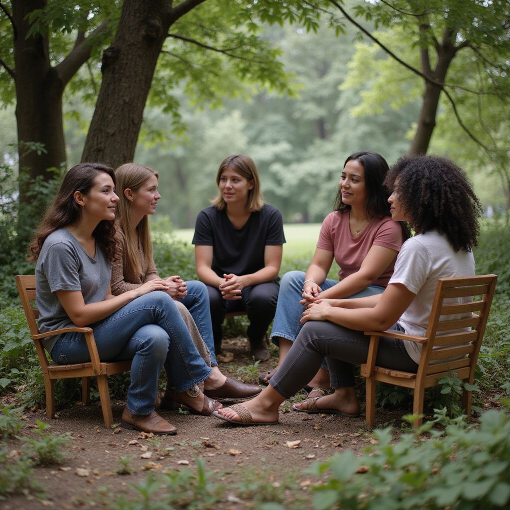 Five people in a circle outdoors, talking. They sit on wooden chairs. Lush green trees surround them.