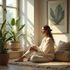 Woman meditating by a sunlit window, surrounded by plants. Wearing white, eyes closed, on a rug.