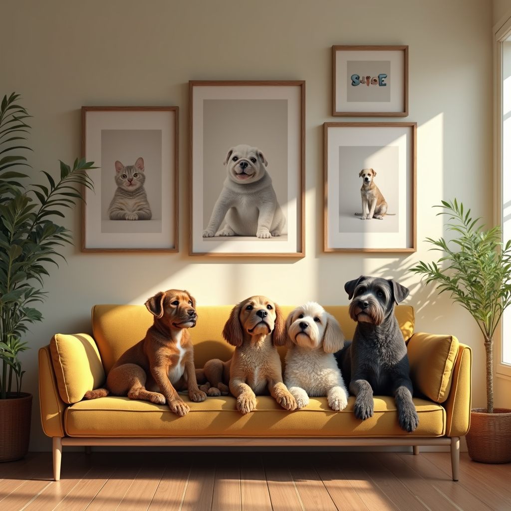 Four dogs sitting on a yellow sofa beneath framed dog and cat portraits in a sunlit room.