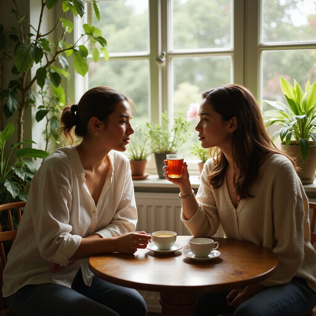 Two women sitting at a table by a window, talking and drinking tea.