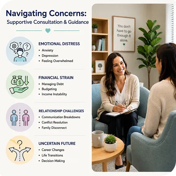 Therapist and client in a bright office beside a “Navigating Concerns” counseling infographic