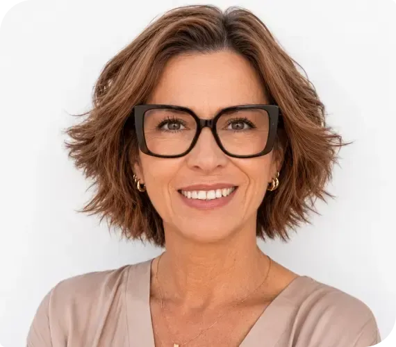 Smiling person with short wavy hair and black glasses on a white background