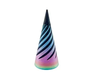 Pastel striped cone with black tip on a white background