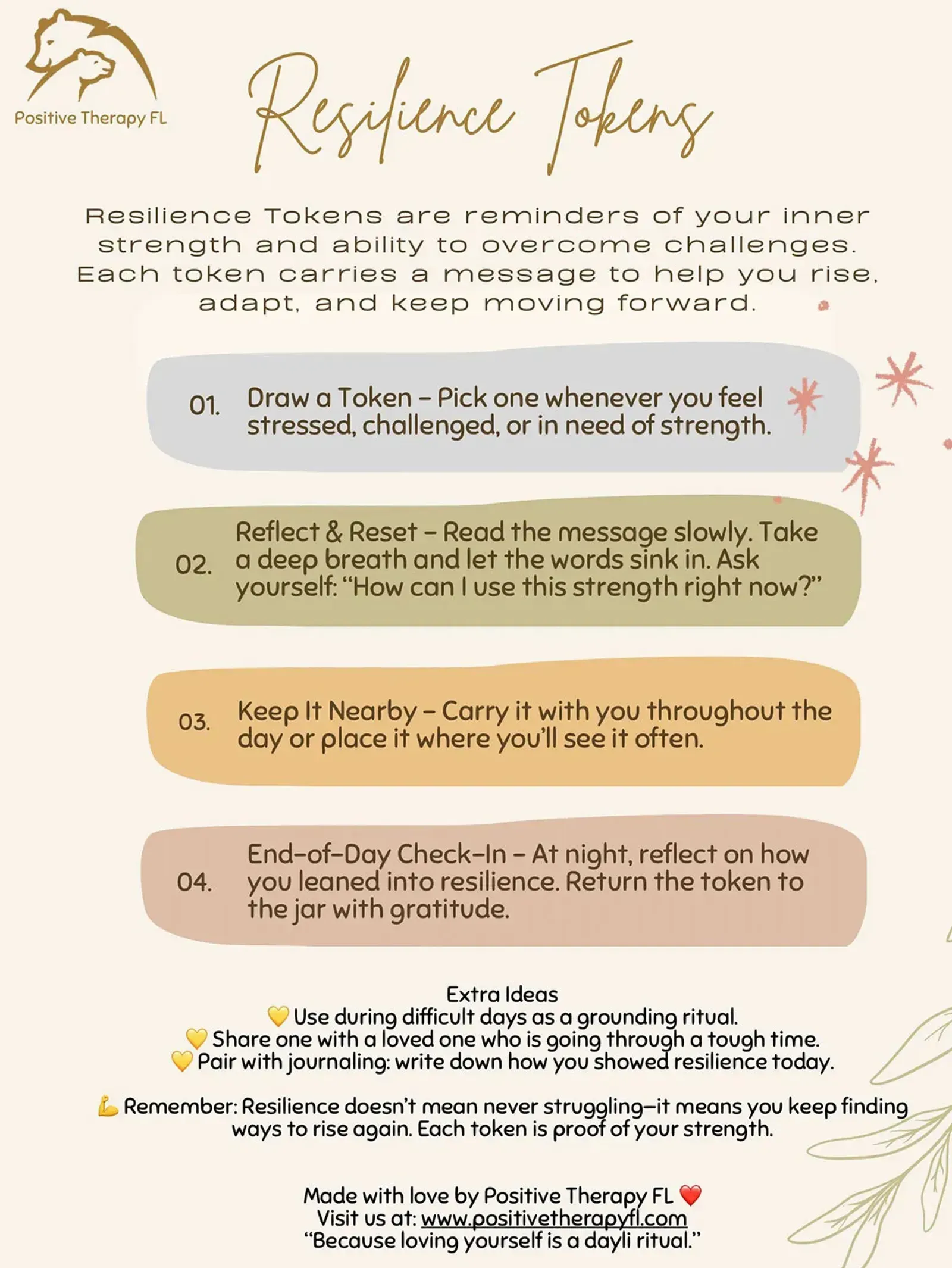 Pastel “Recipe for Healing” poster with four rounded text boxes and a small flower doodle at top left