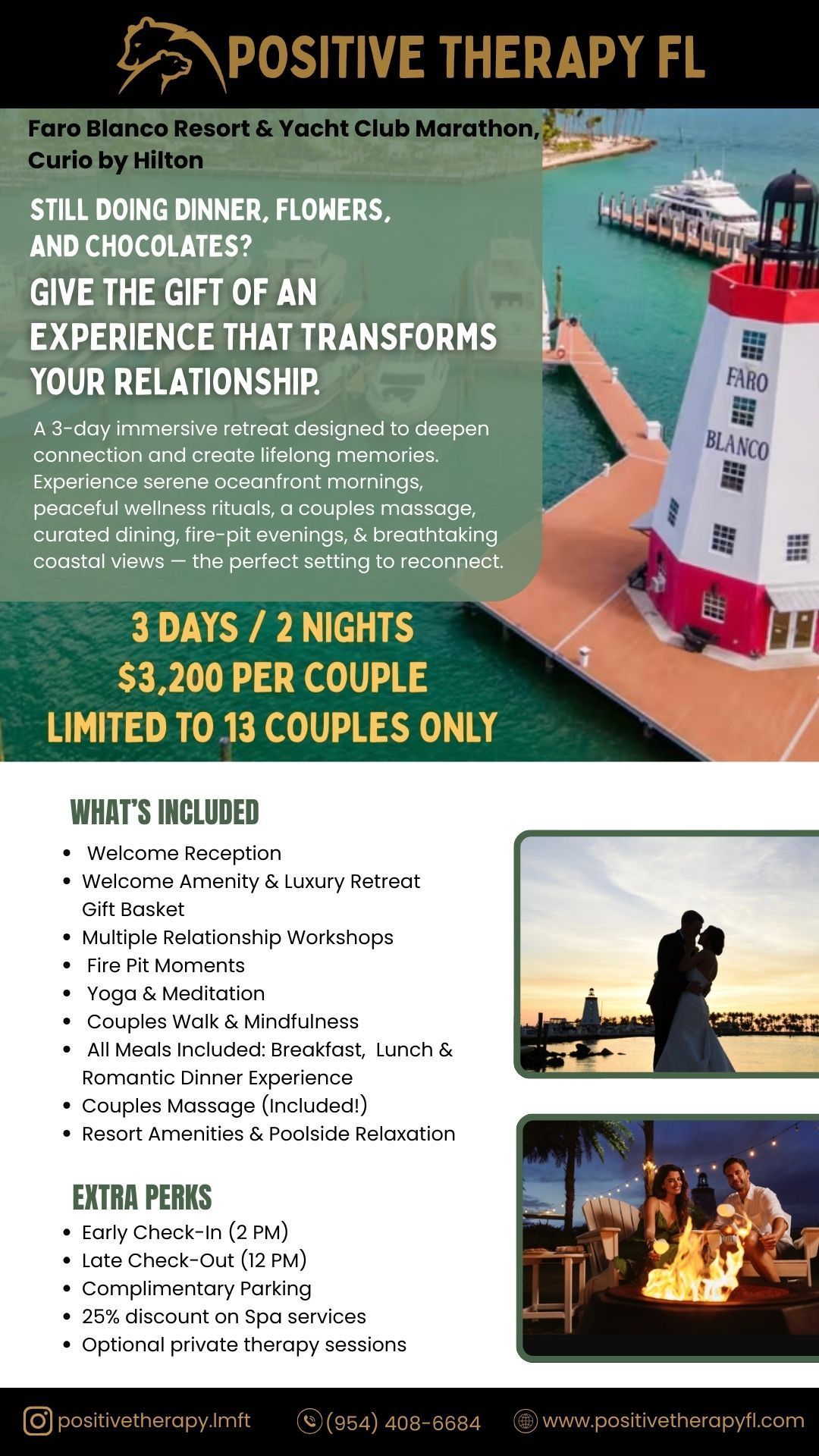 Positive Therapy FL cruise retreat flyer with sunset ship, beach views, and couples counseling details
