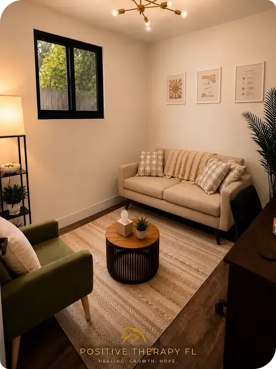 Cozy therapy office with beige sofa, green chair, round table, lamp, and framed wall art.