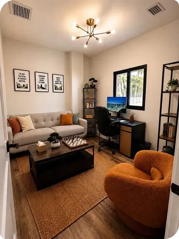 Cozy home office and living room with desk, sofa, orange chair, and framed wall art