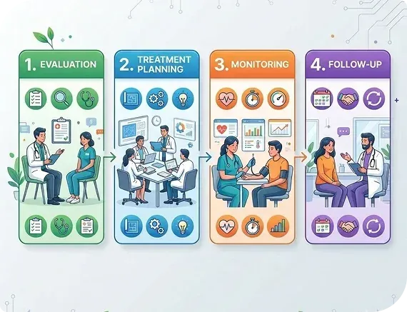 Four-step healthcare workflow infographic with evaluation, treatment planning, monitoring, and follow-up panels.