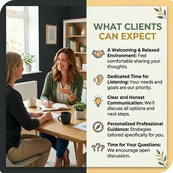 Client consultation promo with two women talking at a table and text listing welcoming, clear, professional services