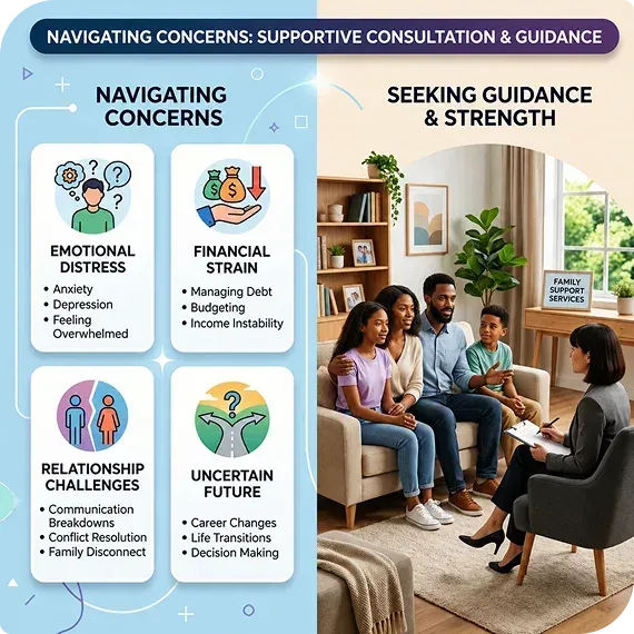 Supportive consultation poster with concerns, a seated family group, and a counselor in a bright living room