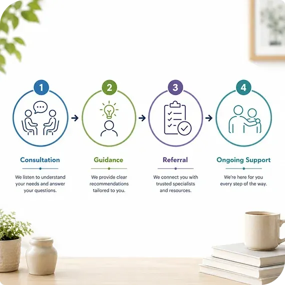 Four-step support process infographic: Consultation, Guidance, Referral, and Ongoing Support with icons on a white wall