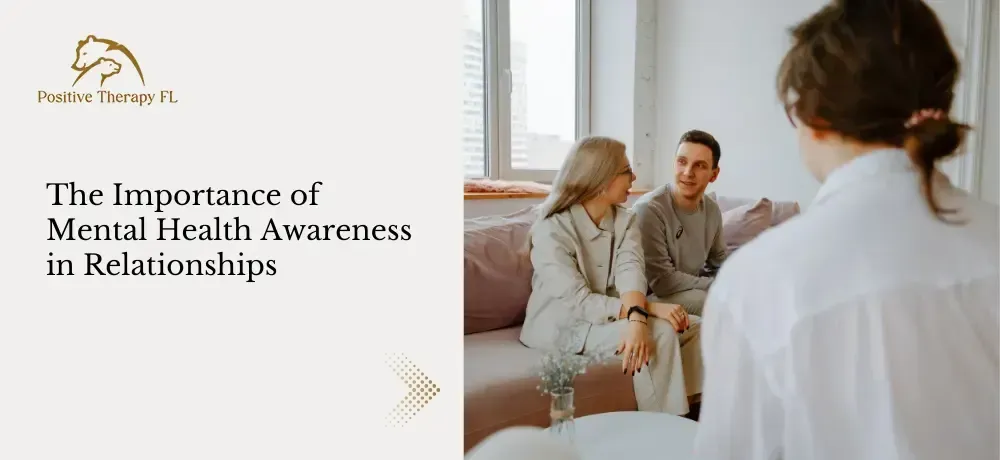 Therapist listening to a couple in a counseling session, with title text on mental health awareness in relationships