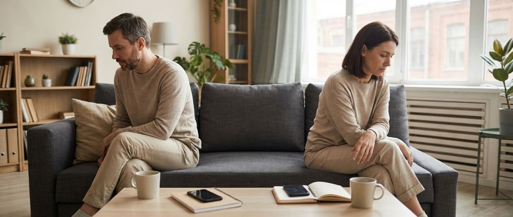 Two people sit apart on a gray couch in a bright living room, looking at phones beside a coffee table.
