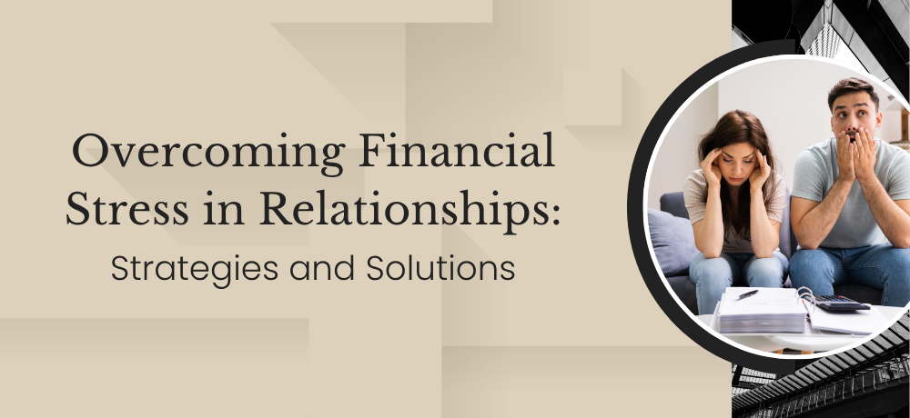 Overcoming financial stress in relationships, with couple sitting on a sofa and money on a laptop