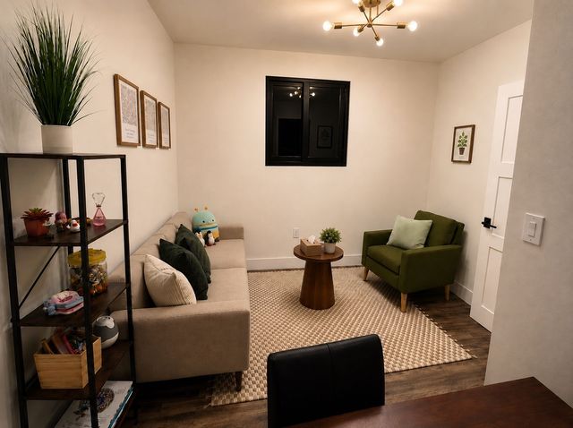 Small living room with beige sofa, green armchair, rug, coffee table, and black window under ceiling light.