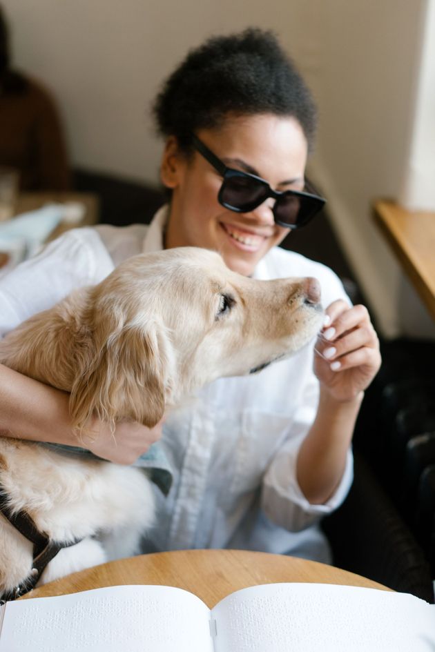 Person in sunglasses smiling and petting a golden retriever indoors