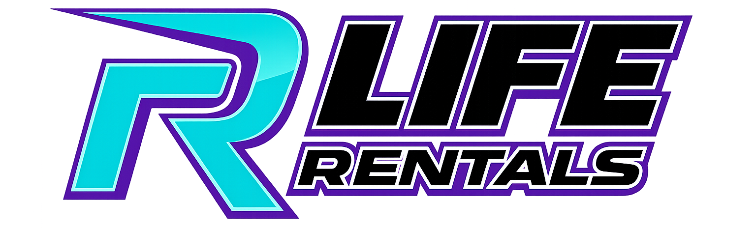 R Life Rentals logo with purple and teal stylized R and black text on white background