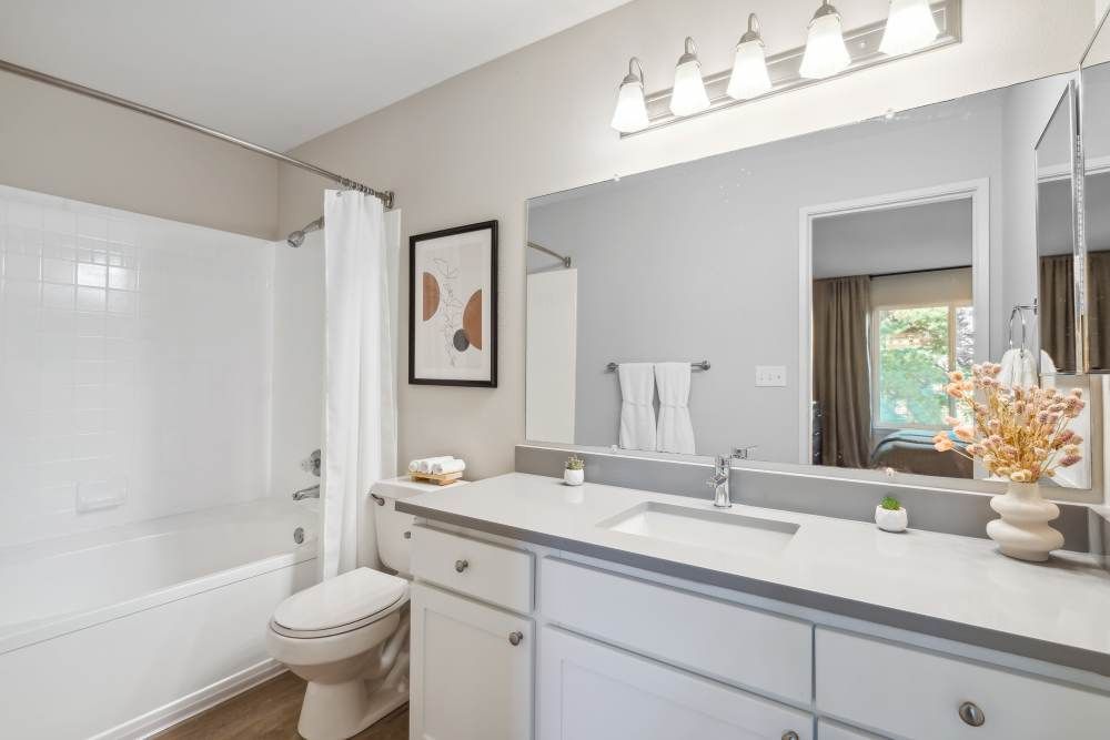 Bathroom in an apartment with a double-sink vanity, large mirror, and a tub/shower combo.