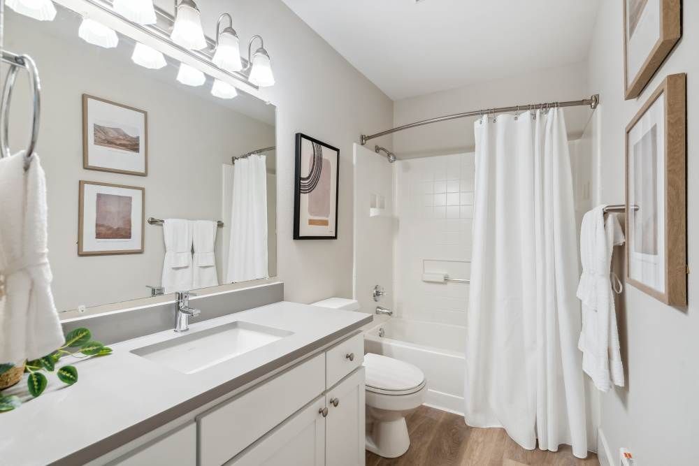 Bathroom with white vanity, large mirror, and tub/shower with white curtain.
