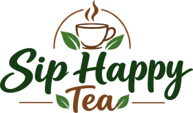 Sip Happy Tea logo with green script and a steaming brown teacup above the words.