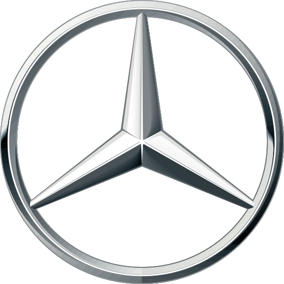 Mercedes-Benz three-pointed star logo in a silver circle on a white background