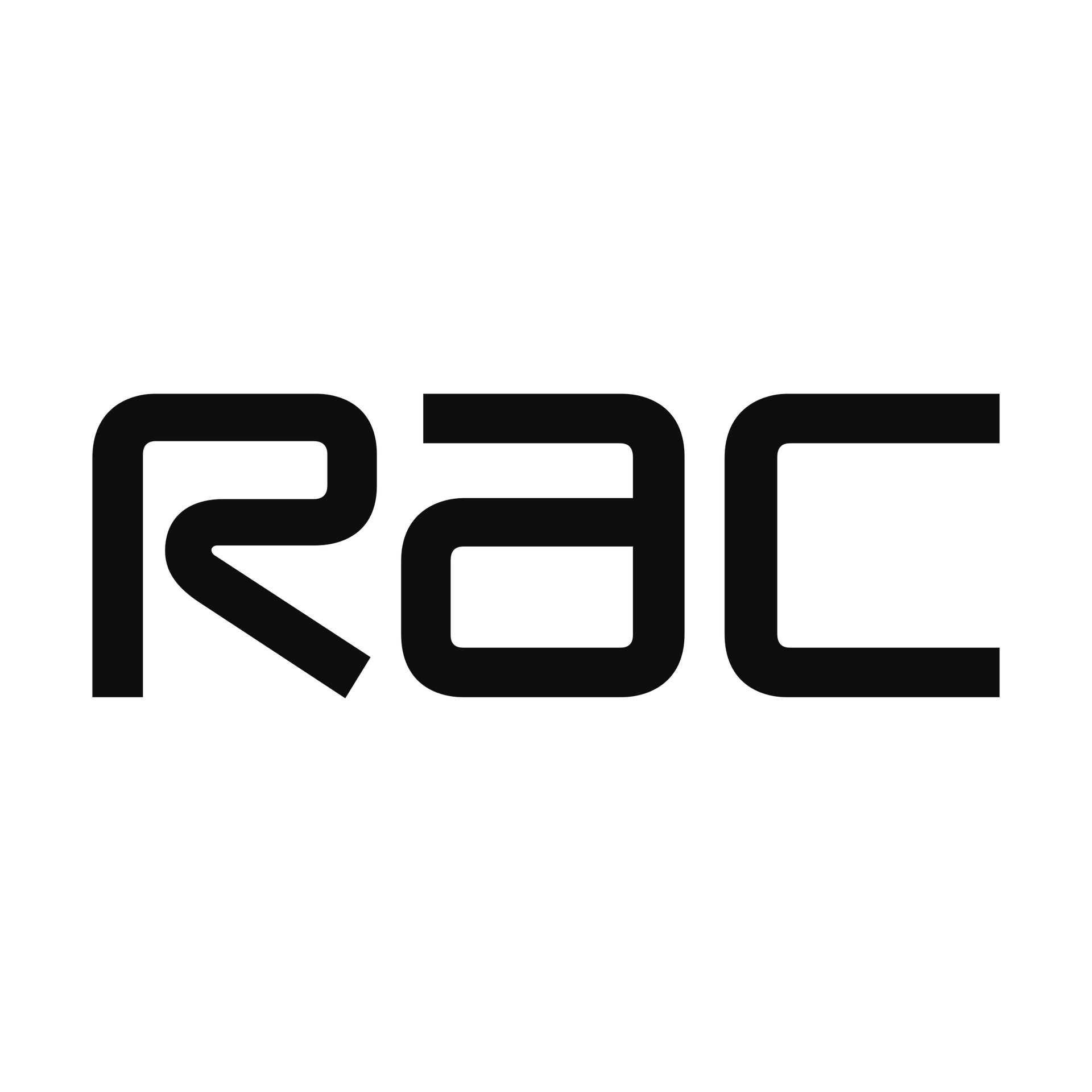Black stylized “RAC” logo on a white background
