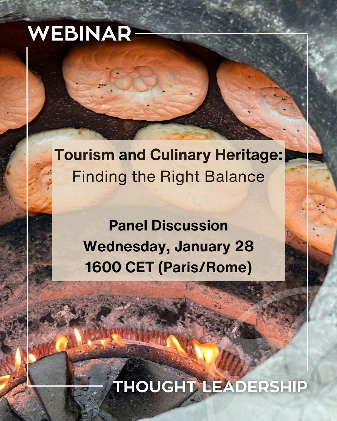 Webinar announcement: Tourism and Culinary Heritage panel. Baked bread in oven; text on overlay: 