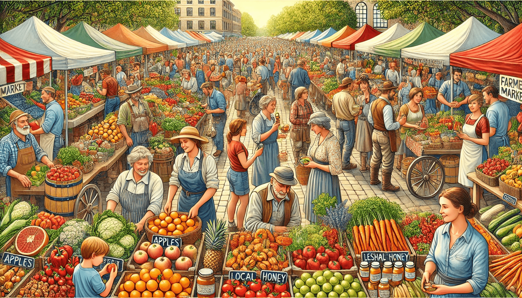 Outdoor farmers market, colorful produce and vendors, bustling crowd in a city setting.