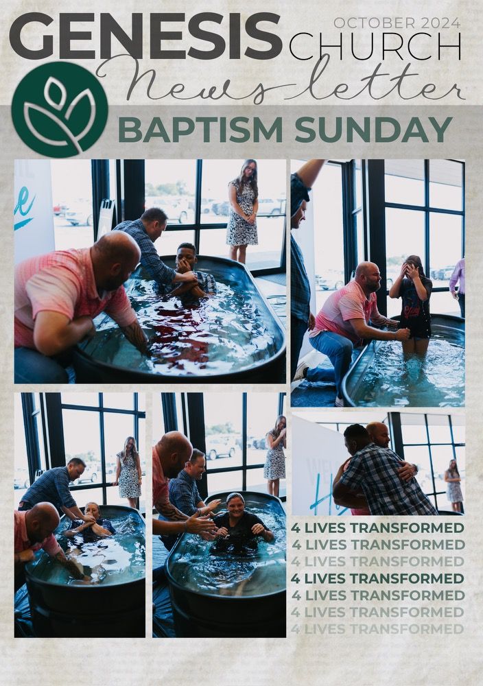 The cover of the genesis church newsletter for baptism sunday.