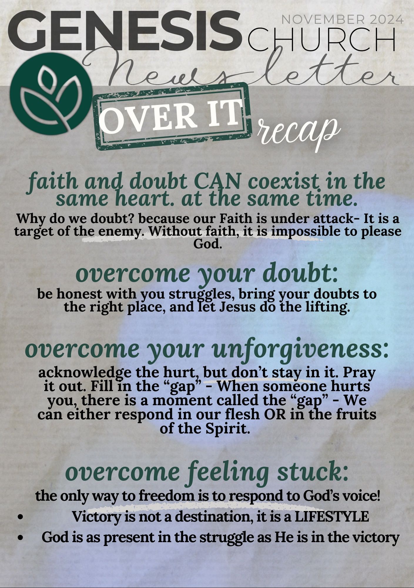 A genesis church newsletter is titled over it recap faith and doubt can coexist in the same heart at the same time