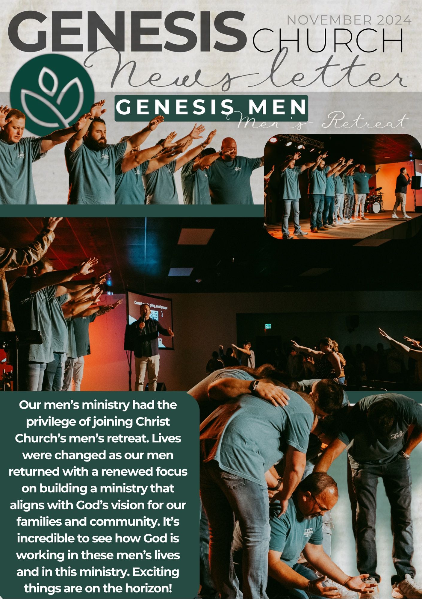 A group of men are standing in a circle on the cover of a genesis church newsletter.
