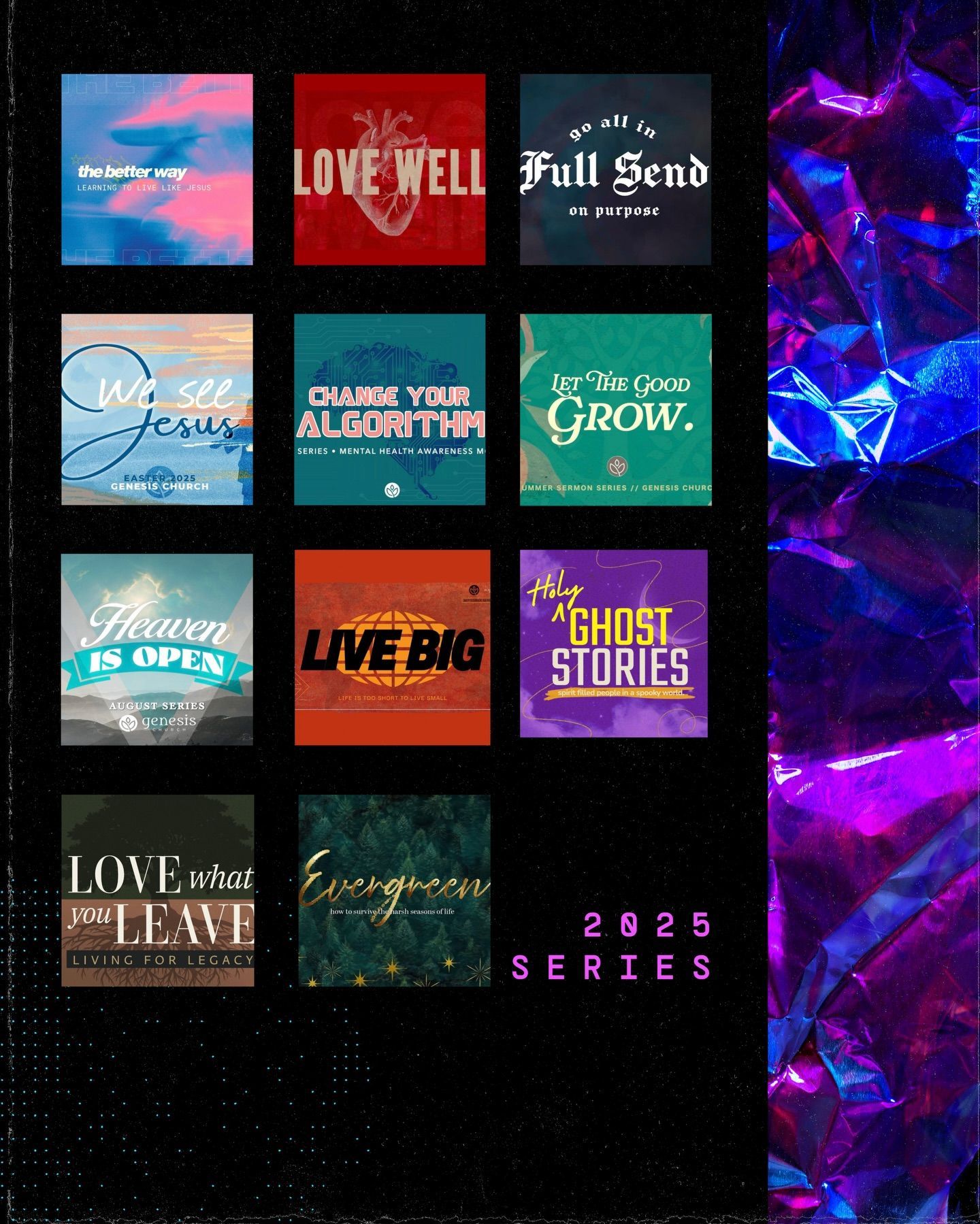 Grid of colorful inspirational quote posters on black background, with neon purple crystal border and “2025 series” text
